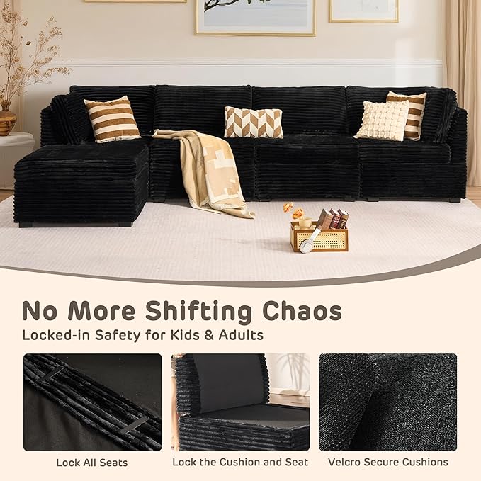 130" Modular Sofa with Swivel Chair & Ottoman, Modern Cloud Sectional Couch Plush Corduroy 5 Seater Deep Seat Sofas Set & Accent Armchair for Living Room, Black