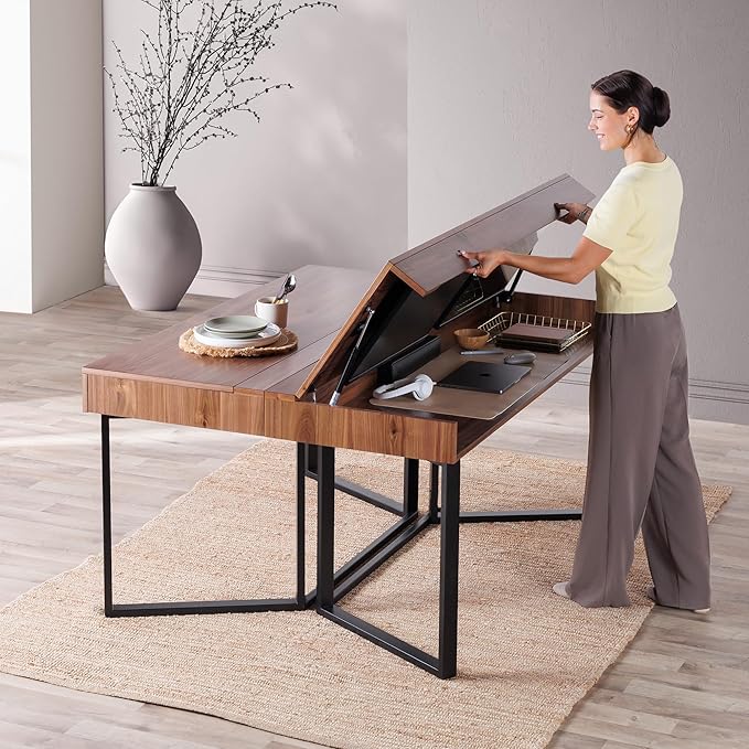 Transformer Table to Desk, Modern Home Office Desk with Storage, Foldable Desk to Dining Table, Multiuse Computer Desk, Work from Home Essentials (Dark Brown, Royal Walnut)