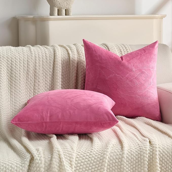 FUTEI Hot Pink Velvet Throw Pillow Covers 16x16 Inch Set of 2,Soft Embossed Leaf-Relief Textured Cushion Cases,Natural Home Decor for Couch Living Room