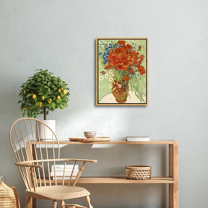 Wieco Art Framed Wall Art of Red Poppies and Daisies by Vincent Van Gogh Paintings Reproduction Abstract Canvas Prints for Home Living Room Decorations Bronze Gold Frame
