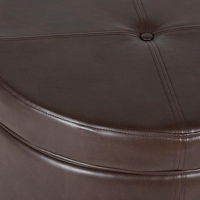 HomePop Round Leatherette Storage Ottoman with Lid, Chocolate Brown Large