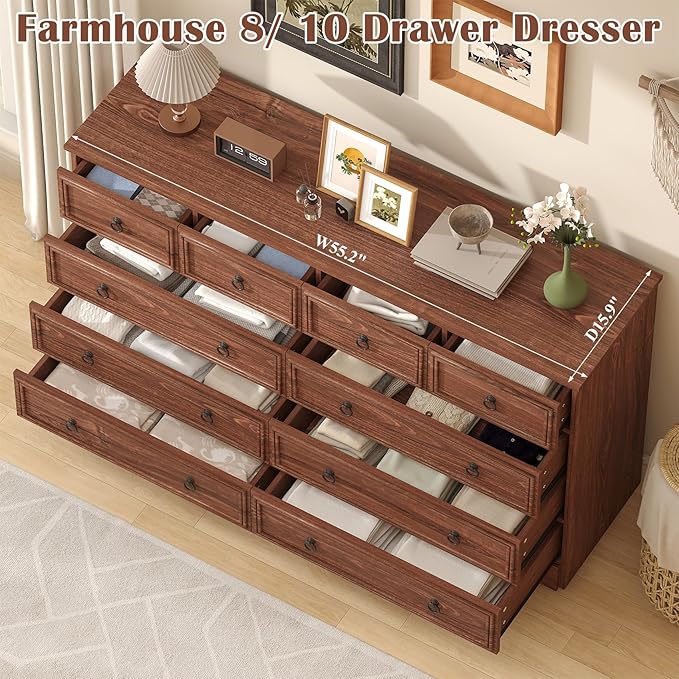 10 Drawers Dresser for Bedroom, 55.2 Inches Large Dressers Mid Century Modern Cherry Wood Chest of Drawers,Storage Organizer Furniture, Hallway, Entryway, Closet, Cherry Wood