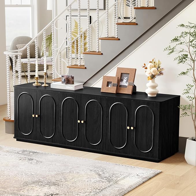 63'' Fluted Sideboard Buffet Cabinet with Storage and 6 Doors, Low Storage Cabinet Modern Wooden Accent Credenza Console Table for Kitchen Dining Living Room Entryway, (63"W*15.75"D*21.4"H) Black