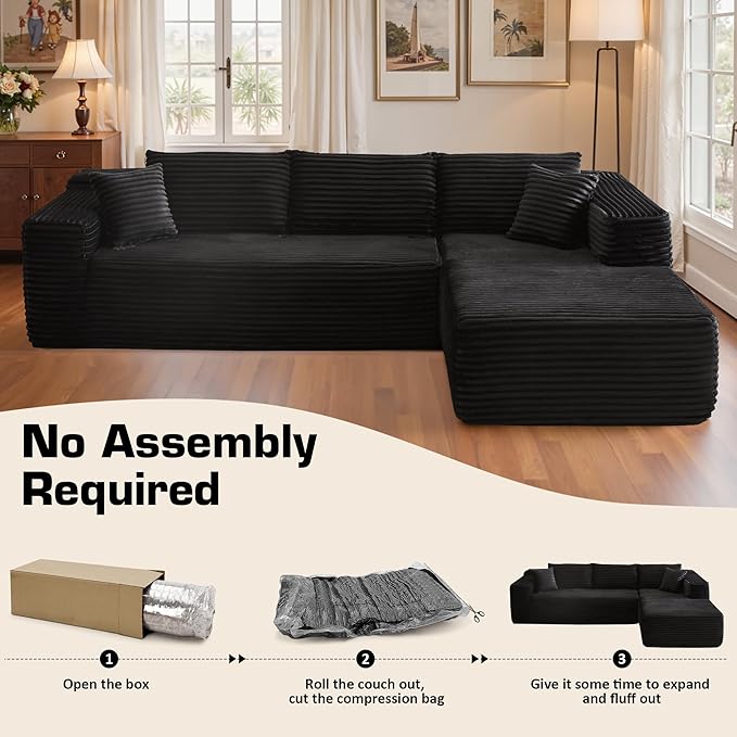 106" Cloud Sectional Couch with Chaise Lounge,L Shaped Modular Modern Sofa,Comfy Corduroy Fluffy Couches with Deep Seat,No Assembly Required Couch for Living Room(Right,Plush Corduroy,Black)