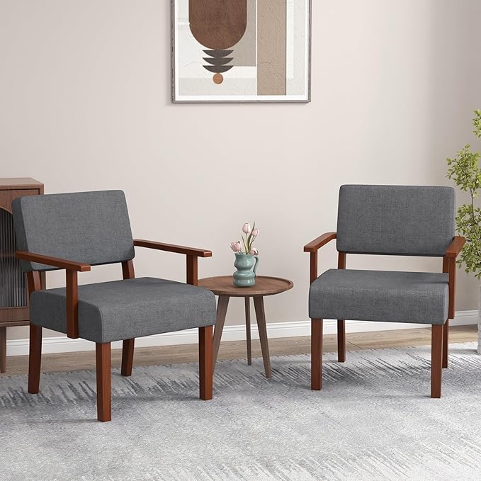 Giantex Mid Century Modern Accent Chair - Linen Living Room Arm Chair w/Soft Padded Seat & Backrest, Rubber Wood Frame, Upholstered Reading Chair for Living Room, Bedroom, Reception, Grey