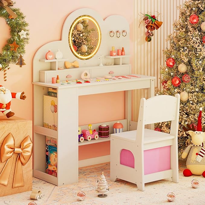 Costzon Kids Vanity, Girls Vanity Set with Lighted Mirror, Bookshelf, Drawers, Hooks & Storage Shelves, Toddler Makeup Vanity Desk Dressing Table, Wooden Kids Vanity Table and Chair Set (White)