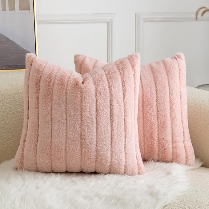Pack of 2 Faux Fur Throw Pillow Covers 24x24 Inch Striped Decorative Soft Plush Couch Pillow Case Home Decor for Bed, Sofa, Living Room Pink