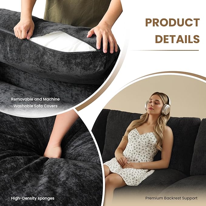 WJShome Modern Sectional Couches for Living Room,100 Inch 3-Seater Chenille Deep Seat Modular Sofa, Cloud Couch for Bedroom and Apartment，Black