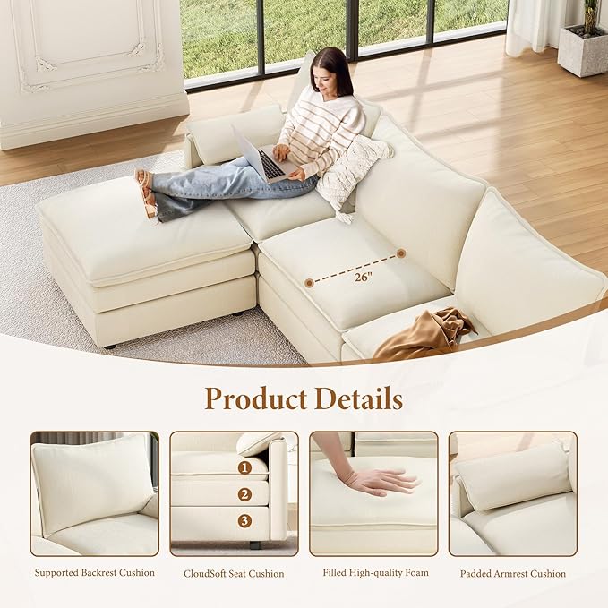 Vesgantti 108" Sectional Sleeper Sofa, 6-Seater Oversized Modular Cloud Couch with Movable Ottoman, Chenille Large Sofa Bed Convertible Deep Seat Couches for Living Room, Bedroom and Apartment, Beige