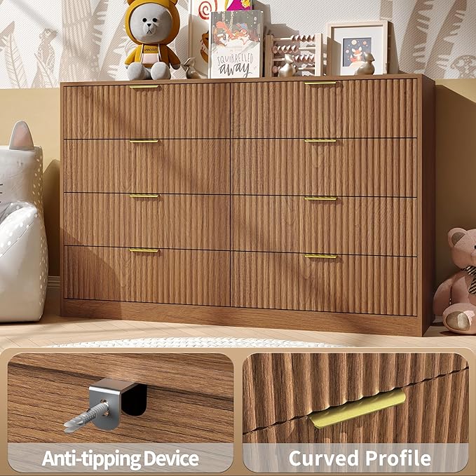 Fluted Dresser for Bedroom with 8 Drawer, 55” Wide Wooden Dresser Mid Century Chest of Drawers w/Gold Handle, Fluted Dressers TV Stand Closet Storage Organizer for Living Room, Natural Oak