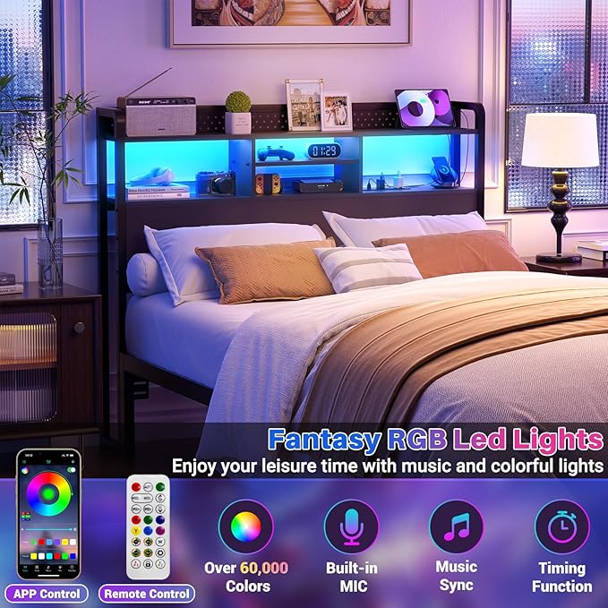 Unikito Headboard for Full Size Bed with Storage Shelf, Head Board with 3 Outlets and 2 USB Ports, Headboards with RGB LED Light, Height Adjustable, Sturdy and Stable, Easy Assembly, Black