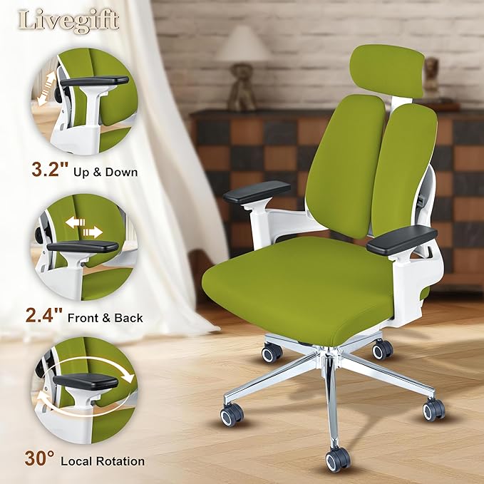 Ergonomic Office Chair Big and Tall Desk Chair, Dual-backrest Computer Chair with 3D Adjustable Arms and Lumbar Support, 500lbs Extra Wide Seat, for Home & Office Use,Green