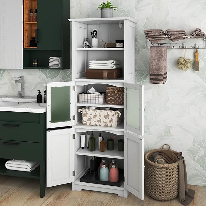 LOKO Tall Bathroom Cabinet, Modern Storage Organizer with Doors & Open Shelves, Wooden Floor Cabinet with Adjustable Shelves for Bathroom, Living Room or Kitchen (White)