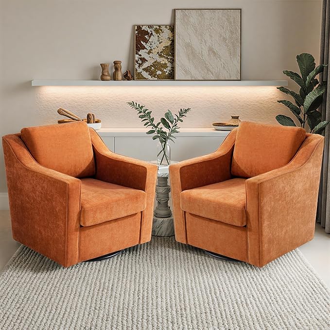 Pia Ricco 360° Swivel Accent Chair, Plush Oversized Chenille Fabric Armchair with Removable Cover for Living Room and Reception,Orange