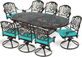 MEETWARM 9-Piece Outdoor Patio Dining Set, All-Weather Cast Aluminum Patio Conversation Set for Backyard Garden Deck with 8 Cushioned Swivel Rocker Chairs, 1 Oval Table, 2" Umbrella Hole, Ocean Blue
