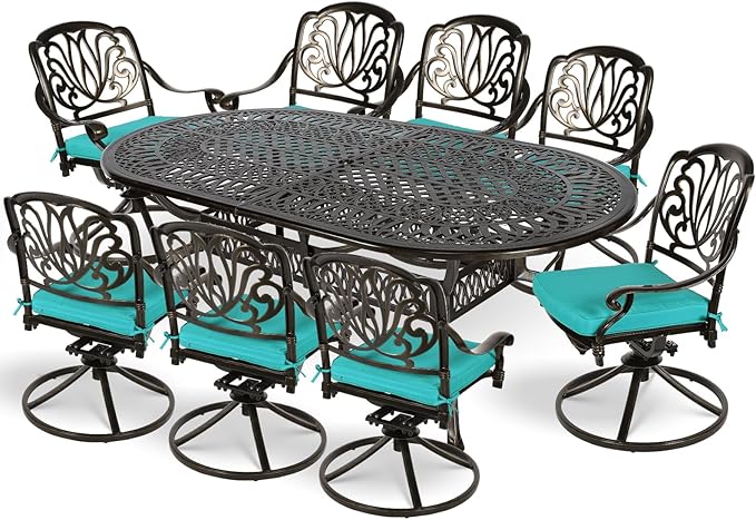 MEETWARM 9-Piece Outdoor Patio Dining Set, All-Weather Cast Aluminum Patio Conversation Set for Backyard Garden Deck with 8 Cushioned Swivel Rocker Chairs, 1 Oval Table, 2" Umbrella Hole, Ocean Blue