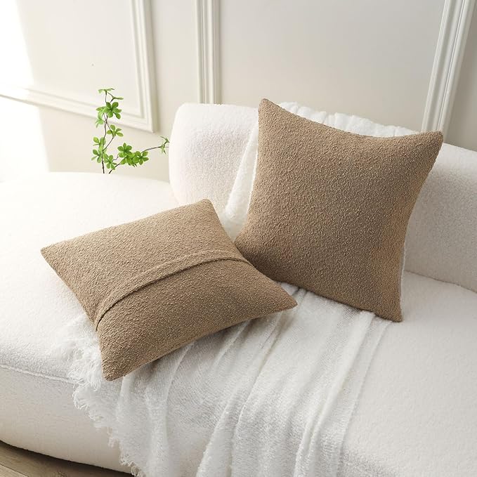 FUTEI Pack of 2 Khaki Decorative Throw Pillow Covers 22x22 Inch Soft Cozy Solid Boucle Textured Cushion Case,Modern Home Decor for Couch Bed Living Room