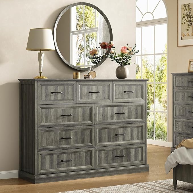 CARPETNAL Farmhouse Dresser and Nightstand Sets for Bedroom, 4 Pcs Bedroom Set, 5 Drawer & 9 Drawer Dresser and Nightstand Set of 2, Wood Chest of Drawers for Living Room, Entryway, Grey