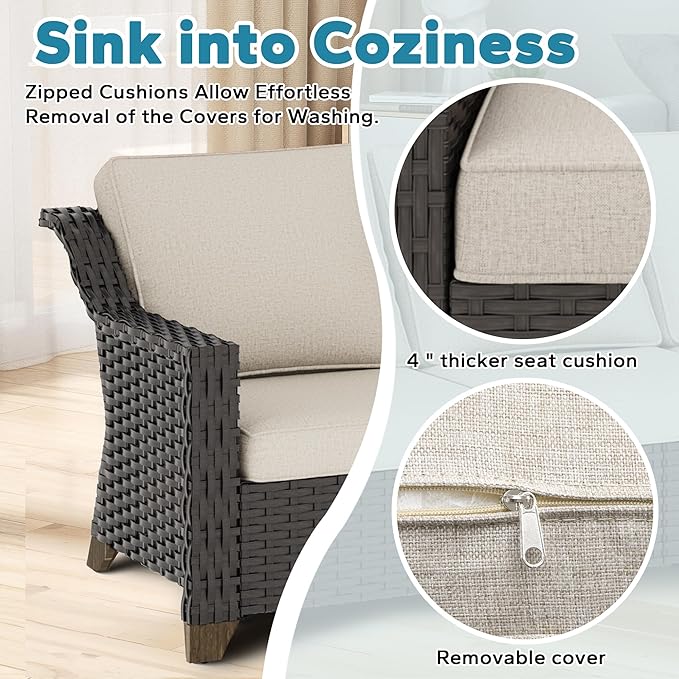 Patio 2 Pieces Wicker Chairs Set of 2，Outdoor PE Rattan Armchairs, Water-Resistant Cushions with Removable and Washable Covers, Porch, Balcony, Sunroom (Beige)