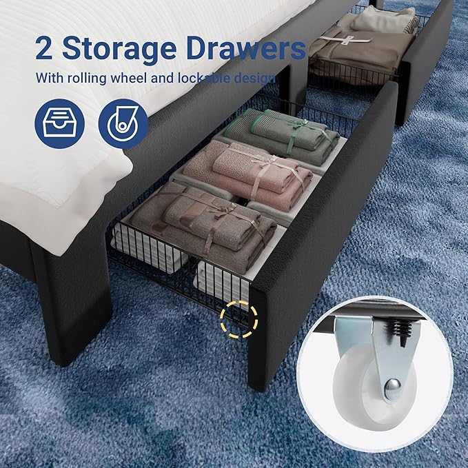 Allewie Velvet Vertical Tufted Queen Upholstered Platform Bed Frame with 2-Tier LED Storage Headboard & 2 Storage Drawers, USB & Type-C Charging Ports, Noise-Free/No Box Spring Needed, Black