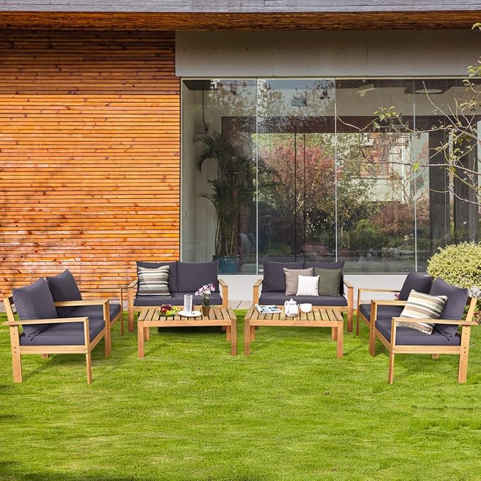 COSTWAY 8 Pieces Outdoor Acacia Wood Sofa Set, Outdoor Conversation Sofa Set with Table & Cushions Porch Chairs for Garden, Patio, Deck