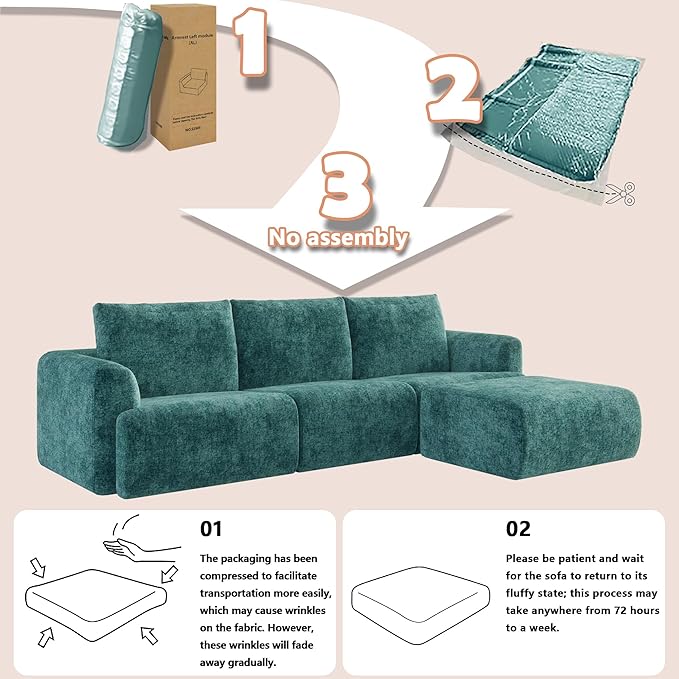 EASE MOOSE Sectional Cloud Couch for Living Room, Modular Boneless Sofa Large L-Shaped, Modern Cloud Sofa Set with Fluffy Foam, Oversized 4-Seater Deep Sofas with Ottoman for Bedroom, Chenille (Blue)