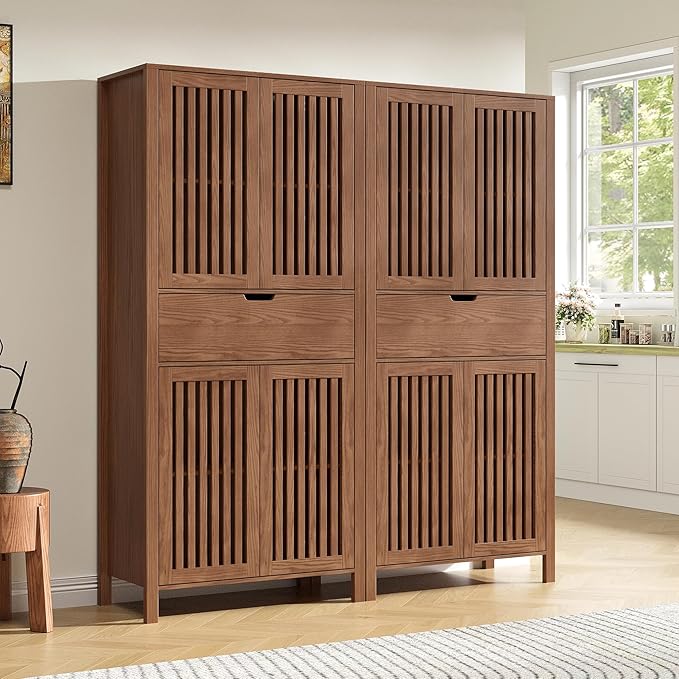 Set of 2 Rustic Brown 69" Tall Farmhouse Storage Cabinet with Drawer & Adjustable Shelves, Grille Door Organizer Unit, Anti-Tip Design for Bathroom,Kitchen,Living Room