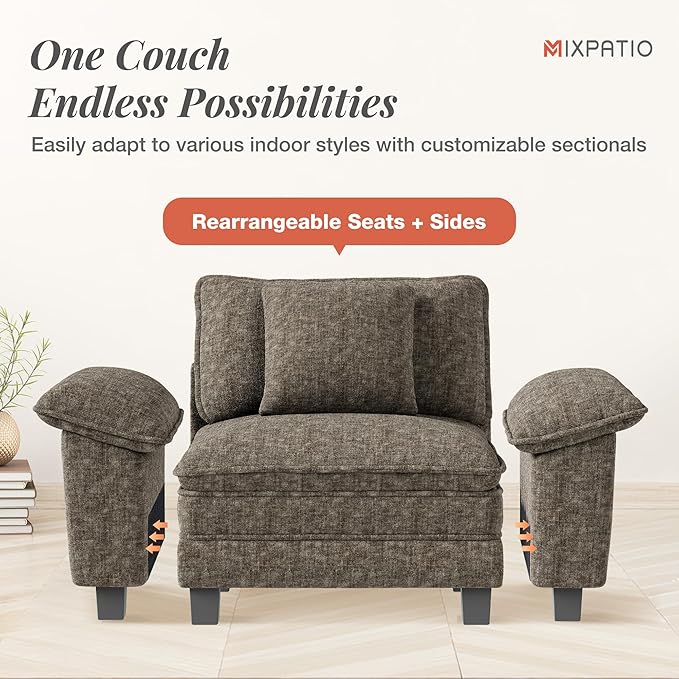 123" Cloud Modular Sectional Sofa, 3-Seater w/Deep Seat & Removable Arms, Plush Chenille for Living Room - Smoky Gray
