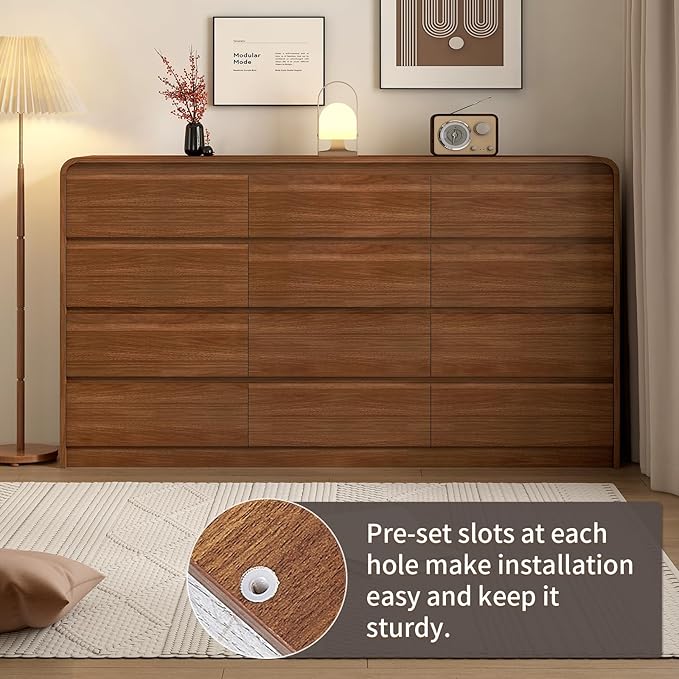 63 Inch Dresser For Bedroom 12 Drawer Wood Chest of Drawers - Curved Anti Collision, Mid Century Dresser For Closet with Natural Texture & Pre-Embedded Slots for TV Stand, Living Room, Nursery