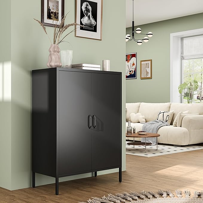 Metal Locker Storage Cabinet, Home Office Metal Storage Cabinet Small Sideboard with 2 Doors and 2 Adjustable Shelves,40" Counter Cabinets for Office Garage Bathroom Living Room Hallway