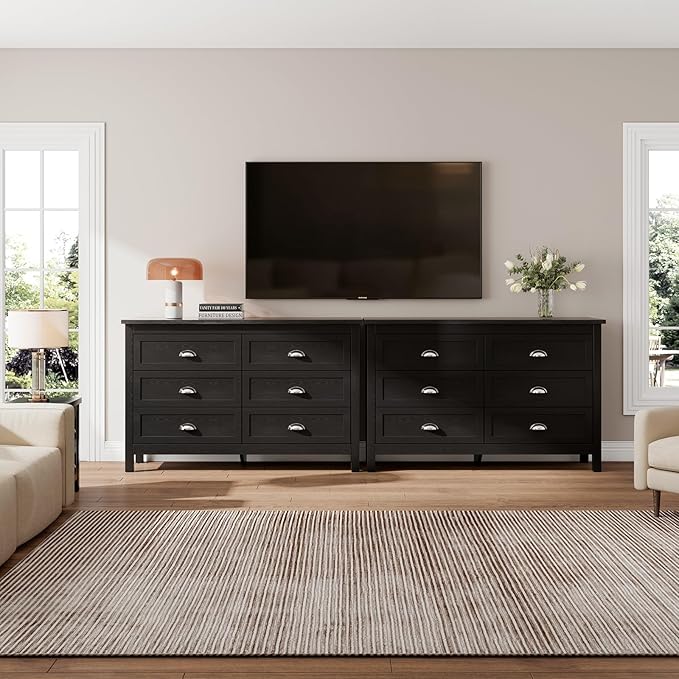Black Dresser for Bedroom, Farmhouse 6 Drawer Double Dresser with Vintage Antique Handles, Modern Dressers and Chest of Drawers for Bedroom