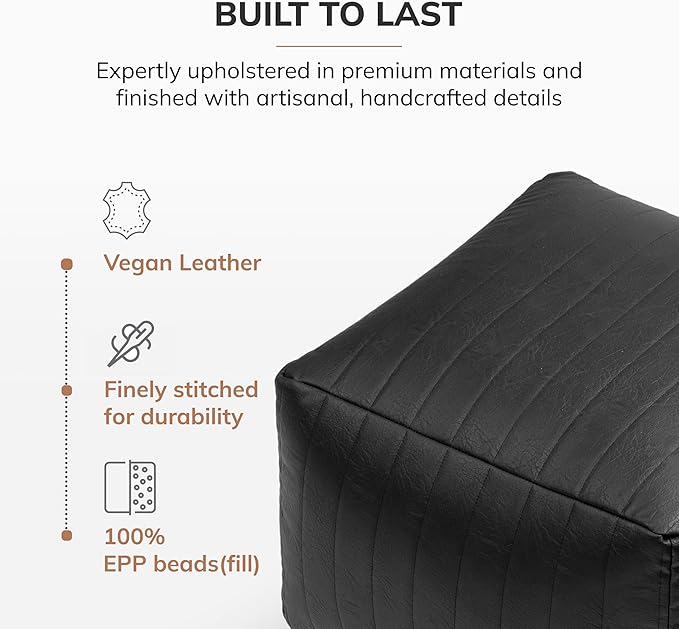 Anji Mountain 100% Handmade & Handcrafted Comfortable Home Décor Pouf Ottoman Footrest for Living Room, Bedroom, Nursery, Kidsroom, Patio Furniture - (22" x 22" x 16" - Black)