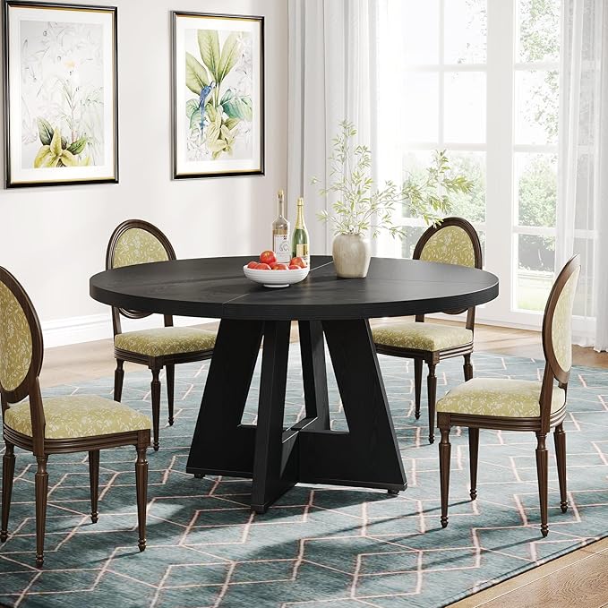 Tribesigns Farmhouse Dining Table, 47 Inch Round Dinner Table for 4 (Black)
