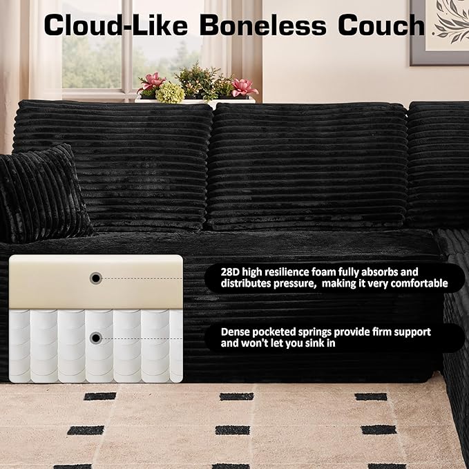 Weaxty Boneless Sectional Couch, Oversized L Shaped Modular Cloud Couches, Plush Corduroy Memory Foam Deep Seat Floor Sofa, No Assembly Required，Black