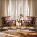 VINGLI Solid Wood Wide Armrests Accent Chair Set of 2,Upholstered Mid Century Modern Chair with Pillow,Farmhouse Arm Chair Comfy Reading Chair,Chairs Living Room,Bedroom,Guest Room,PU Leather,Brown