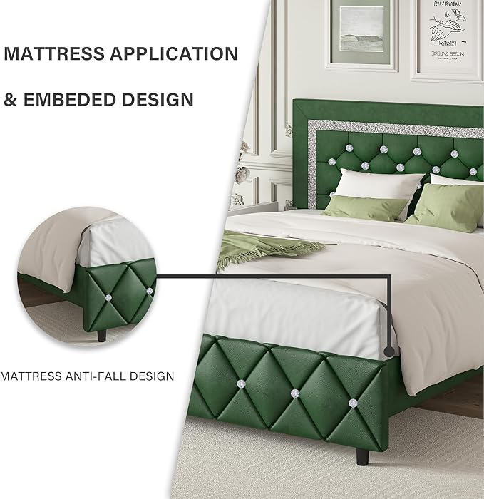 BarnFurin Queen Size Bed Frame with Headboard, Faux Leather Upholstered Bed with Diamond Tufted Design, Modern Bed Frame with Wooden Slats Support, No Box Spring Required, Easy Assembly, Green