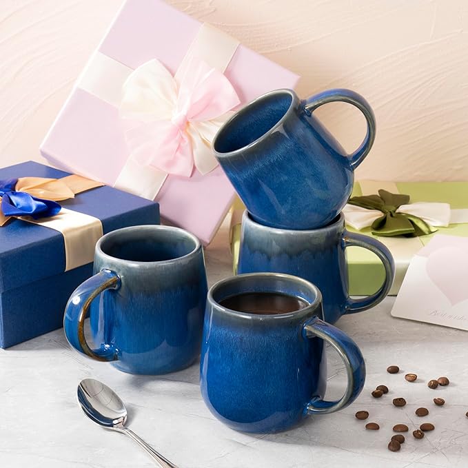 bestone Coffee Mugs Set of 4，15 oz Large Coffee Mugs, Ceramic Mugs with Handles,etc Coffee Mugs, Cups for Coffee Cereal Latte ，Microwave & Dishwasher safe，Dark Blue