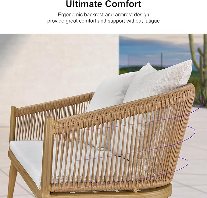 PURPLE LEAF 4 Pieces Patio Conversation Set Outdoor Wicker Furniture with Aluminum Table and Rattan Chairs Sofa Cushions Included for Porch Backyard Garden Balcony Teak