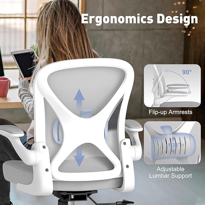 ZZH Ergonomic Office Chair Set of 8 with Adjustable Lumbar Support, Mesh Home Office Desk Chair with Wheels and Flip-up Arms, Grey