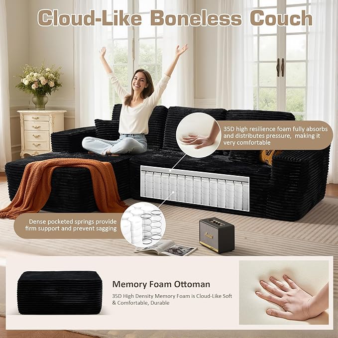 106" Cloud Sectional Couch with L-Shape Chaise & Ottoman, No Assembly Modular Sofa, Deep Seat Plush Corduroy Boneless Couched for Living Room (Black Plush Corduroy, Left Facing Chaise with Ottoman)