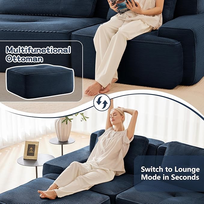 115.3” Blue Boneless Couches for Living Room, Modular Sectional Sofa with U-Shape Chaise, 3 Seater Comfy Upholstered Deep Seat Corduroy Fabric Cloud Couch No Assembly, Anti-Slip Design