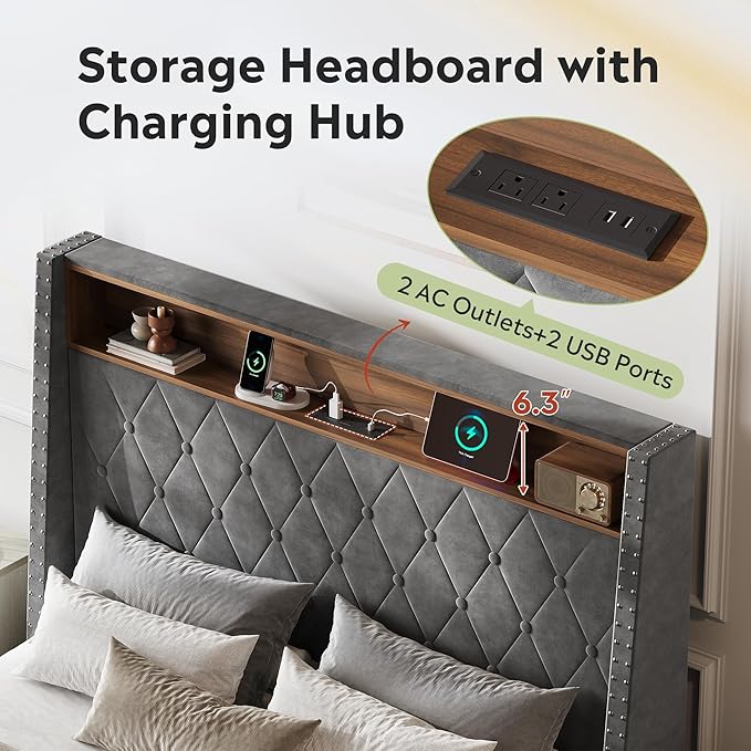 WLIVE Full Size Upholstered Bed Frame with Storage Headboard, Velvet Square Tufted Platform Bed with Charging Station, Sturdy Metal & Wooden Slats Support, No Box Spring Needed, Grey