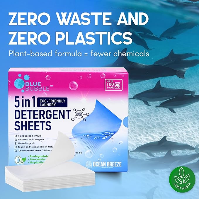 Laundry Detergent Sheets,Travel Laundry Sheet No Chemical Natural Eco Friendly Detergent, Dissolvable for sink wash Fresh &Clean Clothes, Liquidless Laundry Soap Up to 100 Loads By Blue Bubble