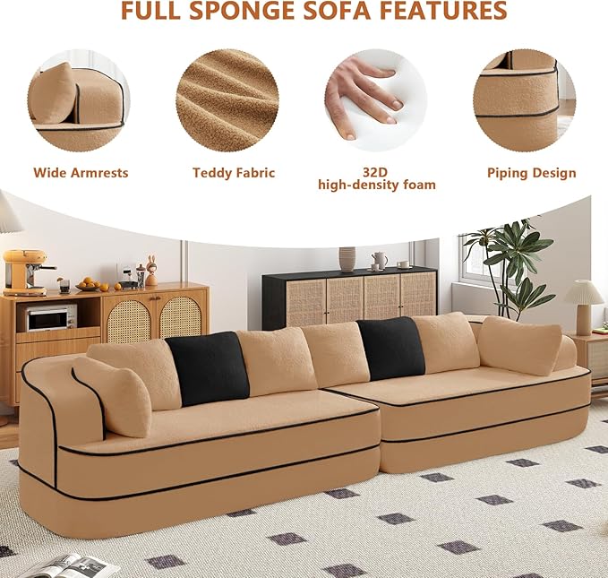 Cloud Sectional Sofa Modern Boneless Couch for Living Room, Comfy Deep Seat Comfy Teddy Fabric Double Sofa Chaise No Assembly Required (Camel, 135"- 4 Seater)