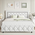 BarnFurin Queen Bed Frame, Upholstered Platform Bed with Button Tufted Headboard, Princess Platform Bed with Crystal Design, Wooden Slats Support, No Box Spring Required, Easy Assembly, White
