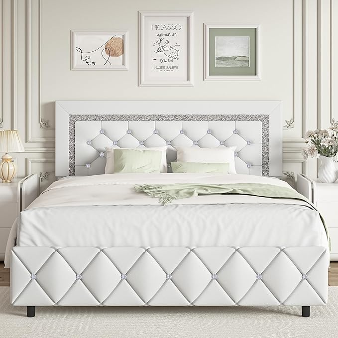BarnFurin Queen Bed Frame, Upholstered Platform Bed with Button Tufted Headboard, Princess Platform Bed with Crystal Design, Wooden Slats Support, No Box Spring Required, Easy Assembly, White