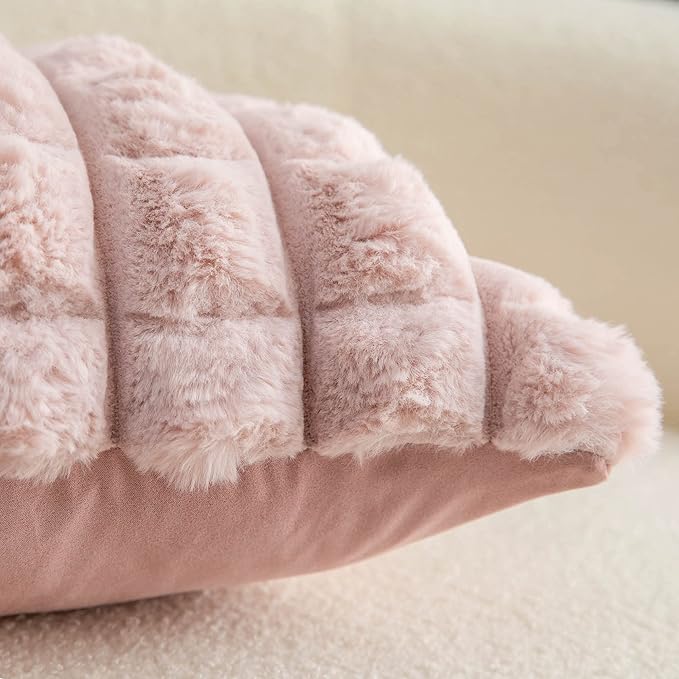 Neelvin Pink Faux Fur Cozy Soft Plaid Decorative Throw Pillow Covers 18x18 inch Set of 2,Velvet Pillowcase Cushion Case for Sofa Couch