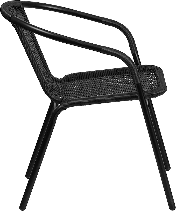 EMMA + OLIVER Set of 2 Modern Rattan Indoor/Outdoor Stack Chairs, Stacking Rattan Patio Chairs with Curved Back and Cross Bracing, Black