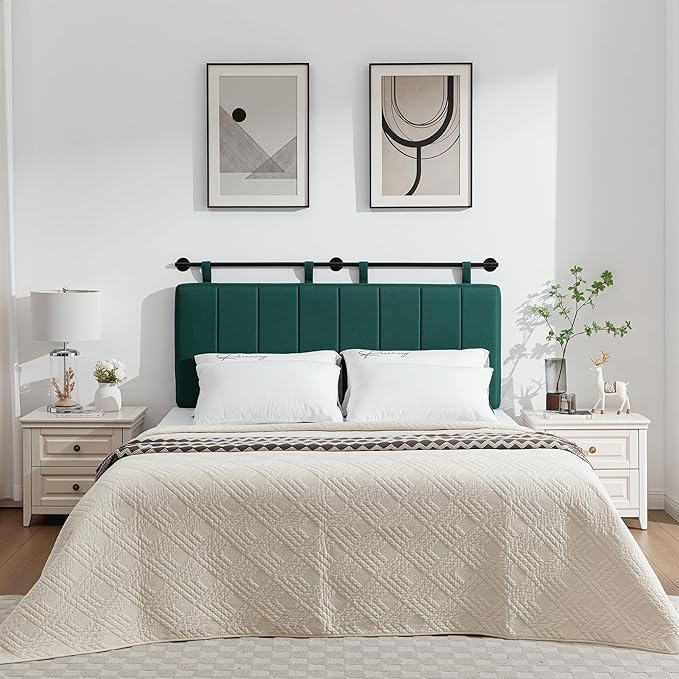 UEV Queen Headboard Only, Wall Mounted Hanging Upholstered Bed Head Board, Modern Vertical Channel Design of Fine Linen, Elegant Dark Green Fluted Headboard for Bedroom (Dark Green, Queen Size)