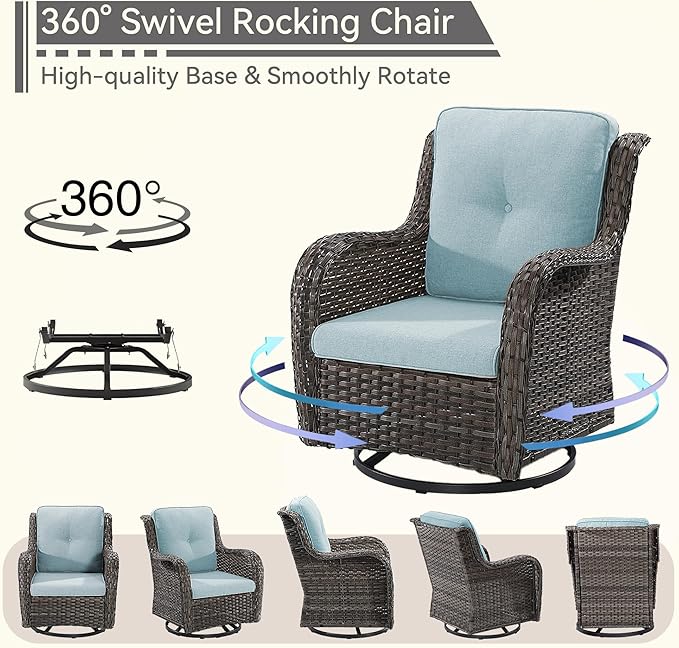 6 Pieces Outdoor Furniture Set - Patio Wicker Swivel Rocker Chair Set of 4 and 2 Side Table, Light Blue, Mixed Brown Rattan, Suitable for Porch, Yard